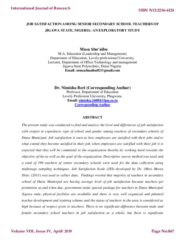(PDF) JOB SATISFACTION AMONG SENIOR SECONDARY SCHOOL TEACHERS OF JIGAWA ...