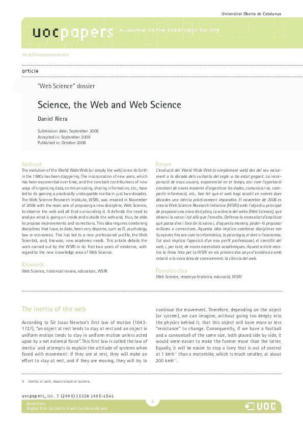 (PDF) Science, the Web and Web Science