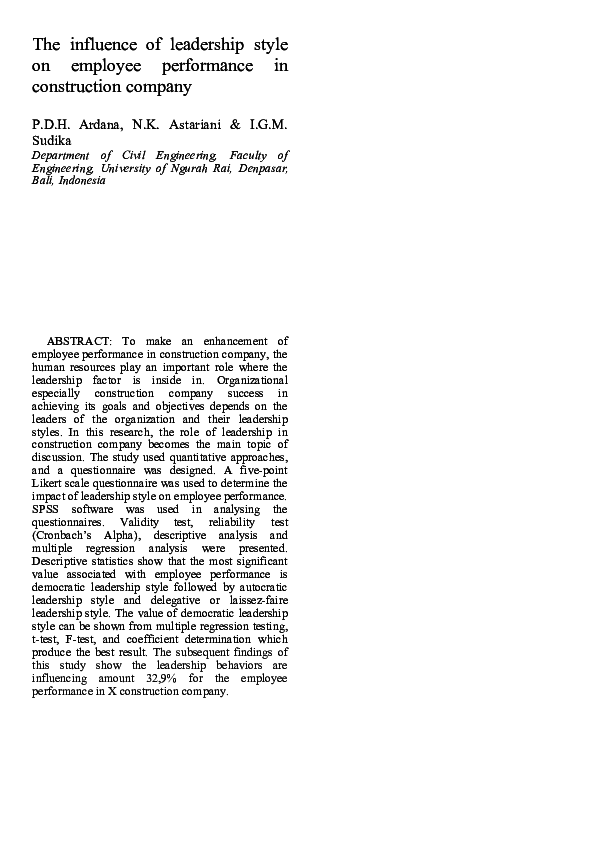 (PDF) The influence of leadership style on employee performance in ...