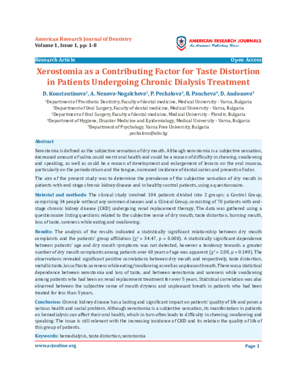 (PDF) Xerostomia as a Contributing Factor for Taste Distortion in