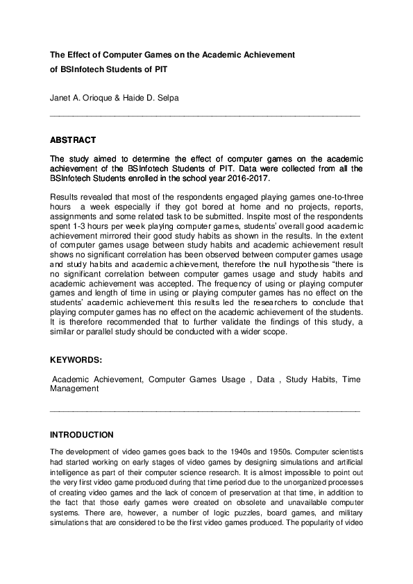 (DOC) The Effect of Computer Games on the Academic Achievement IMRAD