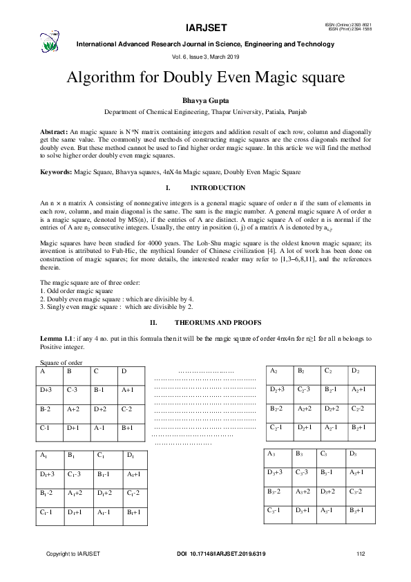 (PDF) Algorithm for Doubly Even Magic square