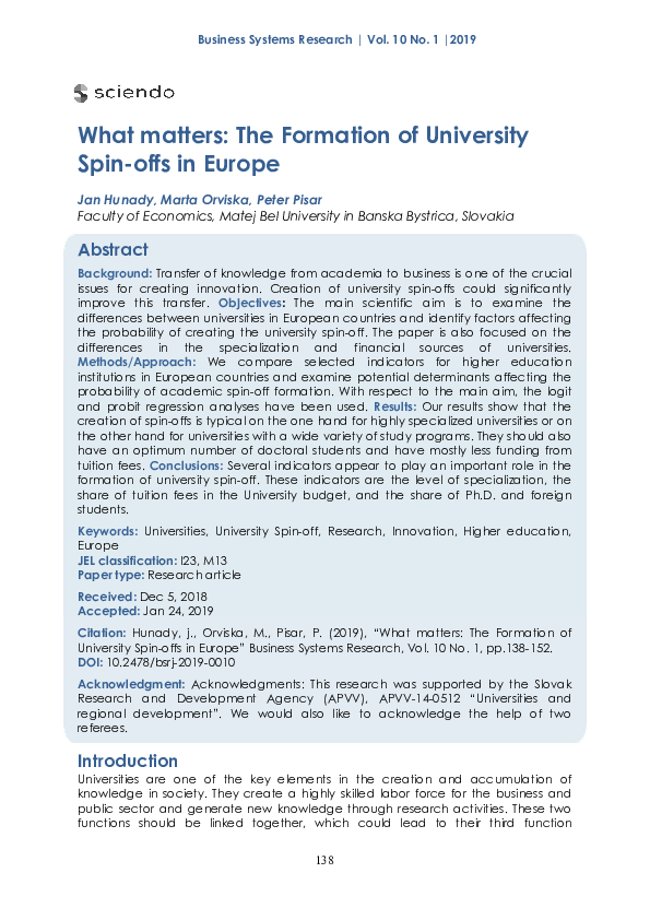(PDF) What matters: The Formation of University Spin-offs in Europe
