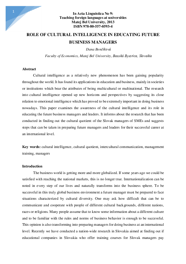 (PDF) ROLE OF CULTURAL INTELLIGENCE IN EDUCATING FUTURE BUSINESS MANAGERS