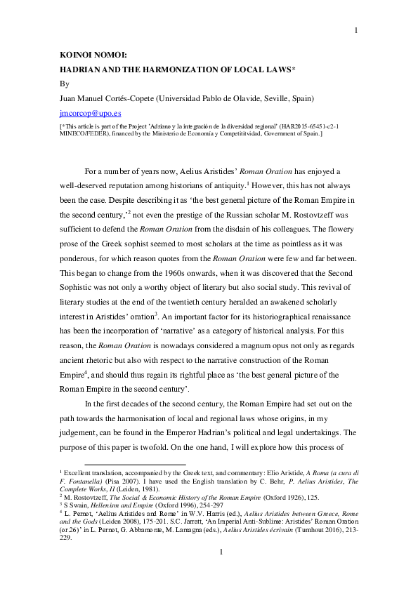 First page of “KOINOI NOMOI: Hadrian and the harmonization of local laws.”