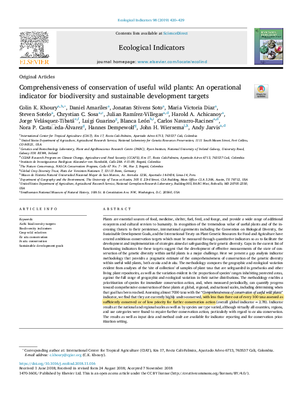 Comprehensiveness of conservation of useful wild plants: An operational indicator for biodiversity and sustainable development targets