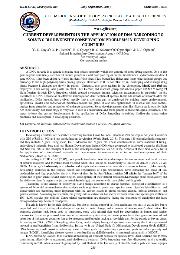 (PDF) CURRENT DEVELOPMENTS IN THE APPLICATION OF DNA BARCODING TO ...