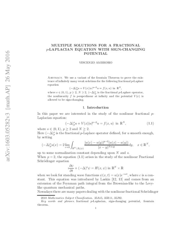 (PDF) MULTIPLE SOLUTIONS FOR A FRACTIONAL p-LAPLACIAN EQUATION WITH ...