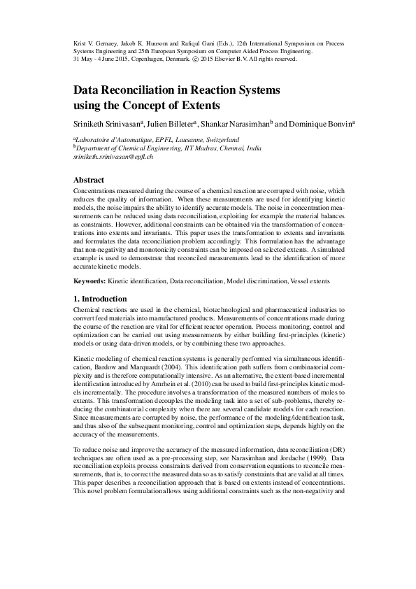 (PDF) Data Reconciliation in Reaction Systems using the Concept of Extents