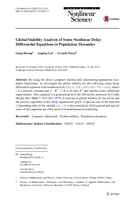 (PDF) Global Stability Analysis of Some Nonlinear Delay Differential ...