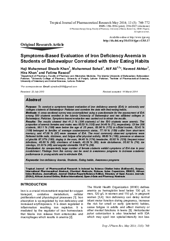 (PDF) Symptoms-Based Evaluation of Iron Deficiency Anemia in Students ...
