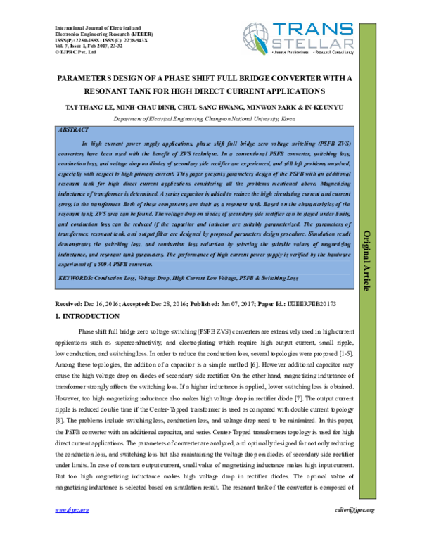 (PDF) PARAMETERS DESIGN OF A PHASE SHIFT FULL BRIDGE CONVERTER WITH A ...