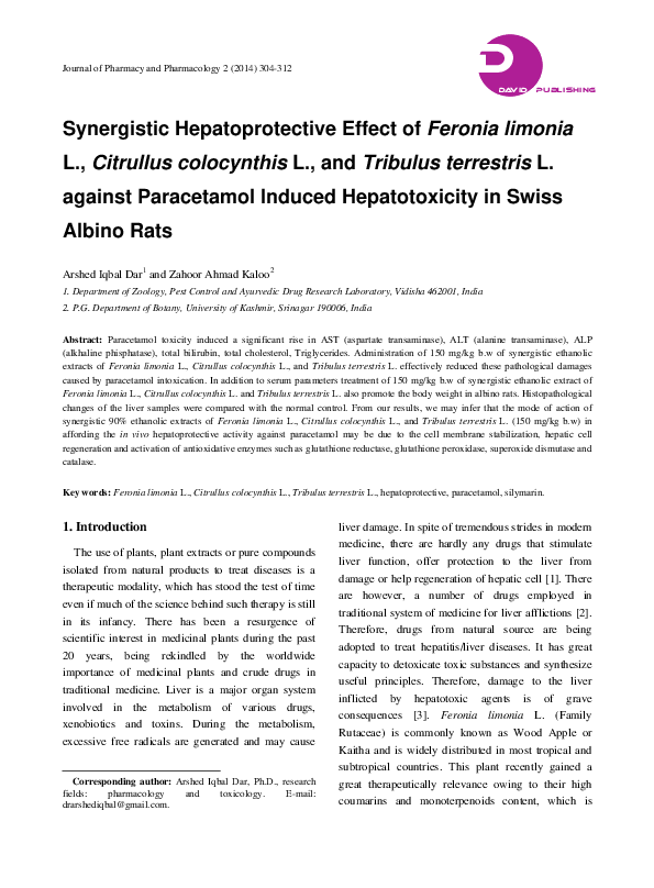 (PDF) Synergistic Hepatoprotective Effect of Feronia limonia L