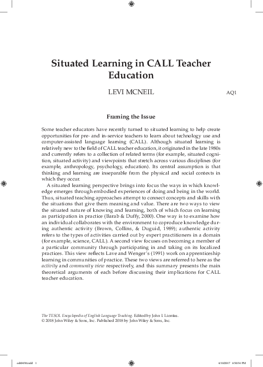 (PDF) Situated Learning in CALL Teacher Education