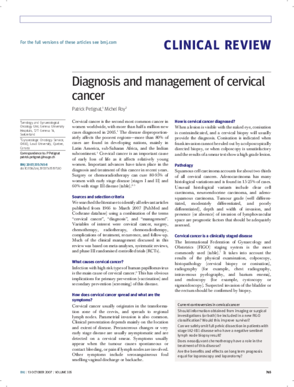 (PDF) CLINICAL REVIEW Diagnosis and management of cervical cancer