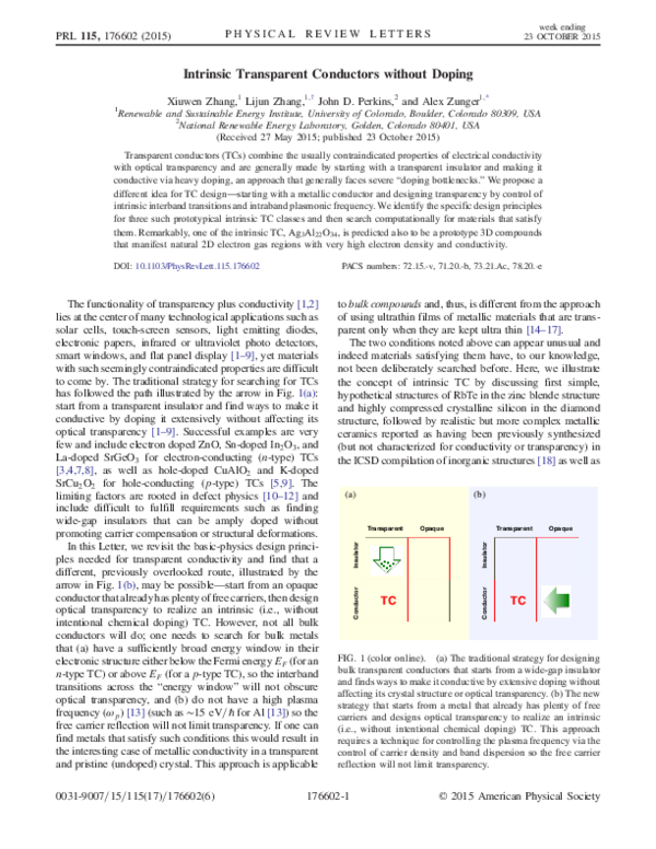 (PDF) Intrinsic Transparent Conductors without Doping Alex Zunger