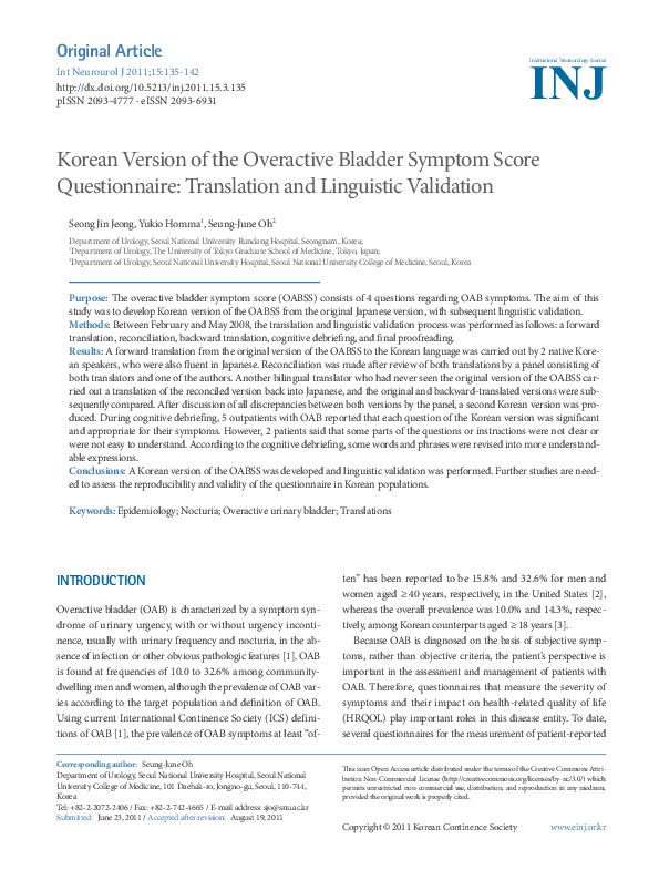 (PDF) Korean Version of the Overactive Bladder Symptom Score ...