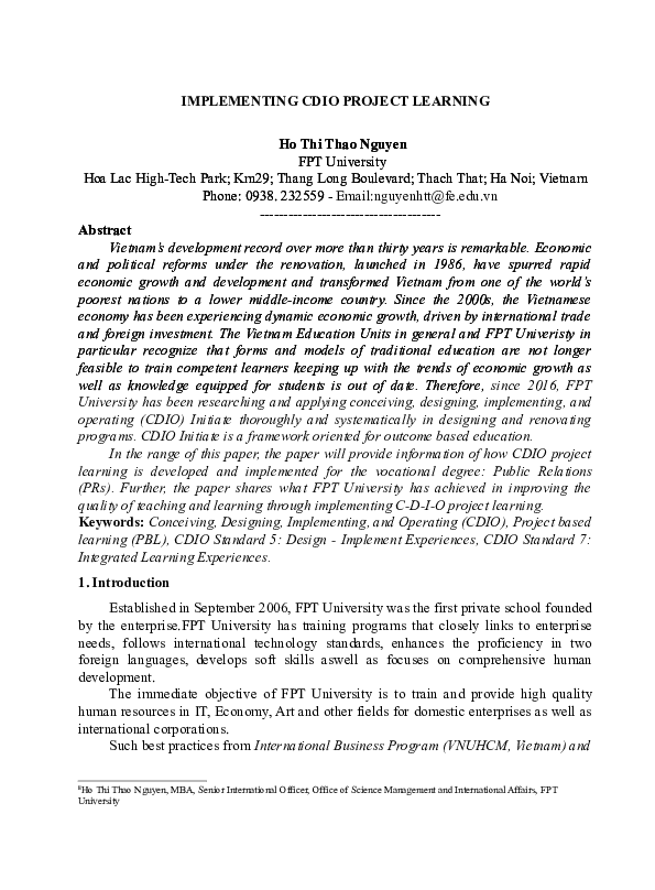(DOC) Implementing CDIO Project Learning