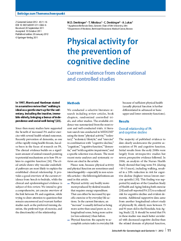 (PDF) Physical activity for the prevention of cognitive decline Current ...
