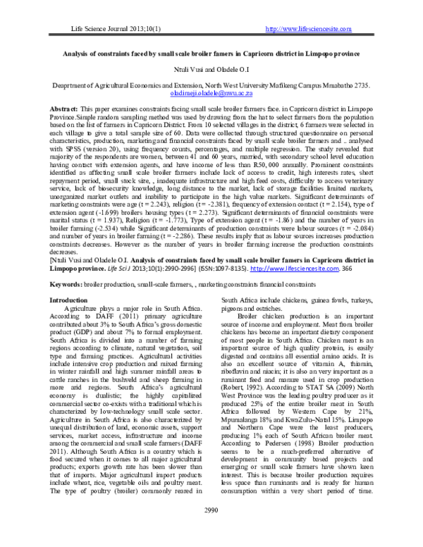 (PDF) Analysis of constraints faced by small scale broiler famers in ...