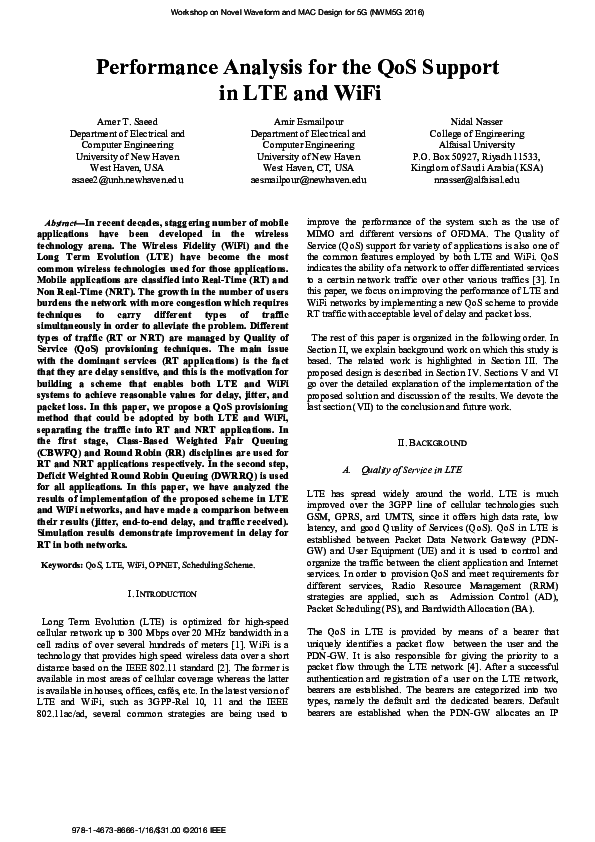(PDF) Performance Analysis for the QoS Support in LTE and WiFi