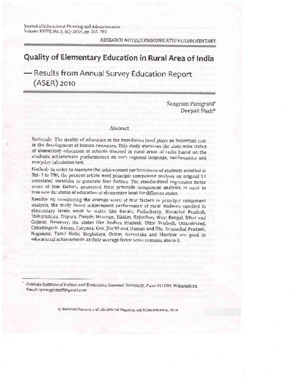 (PDF) Quality of Elementary Education in Rural Area of India – Results ...