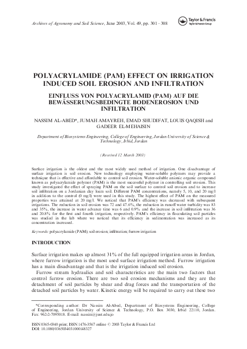 (PDF) Polyacrylamide (PAM) effect on irrigation induced soil erosion ...