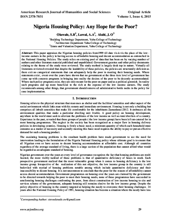 (PDF) Nigeria Housing Policy: Any Hope for the Poor