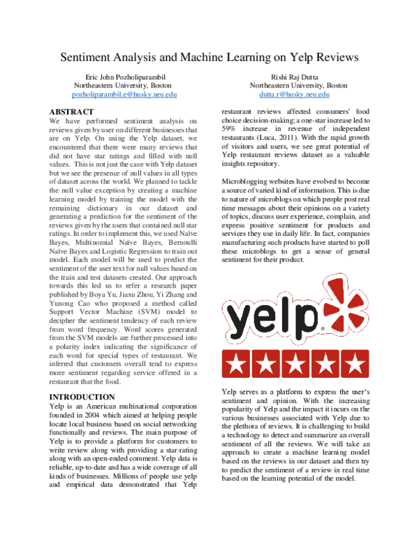 (PDF) Sentiment Analysis and Machine Learning on Yelp Reviews Eric