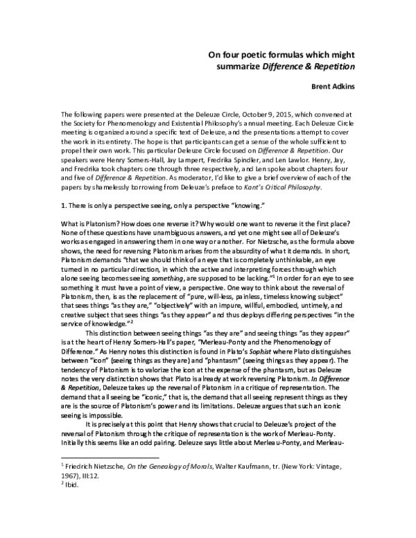 (DOC) On four poetic formulas which might summarize Difference & Repetition