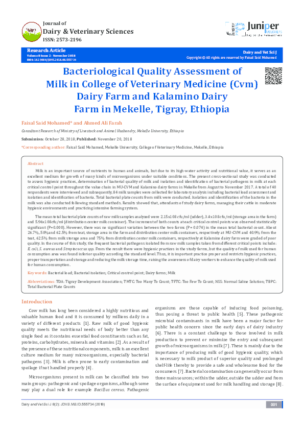 (PDF) Dairy and Vet Sci J Bacteriological Quality Assessment of Milk in