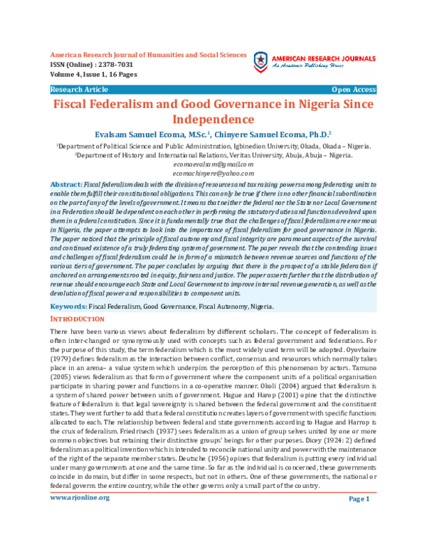 (PDF) Fiscal Federalism and Good Governance in Nigeria Since Independence