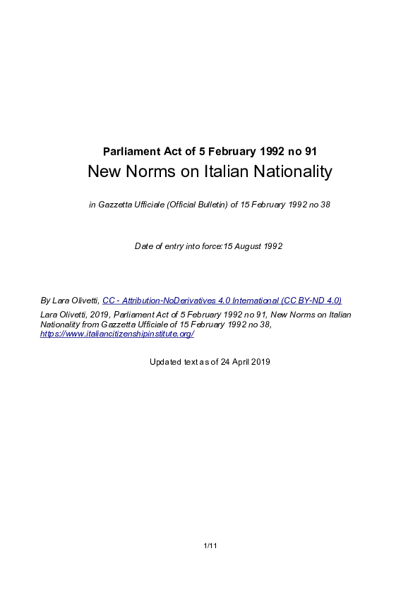 (PDF) Italian Citizenship Act in English Lara Olivetti Academia.edu