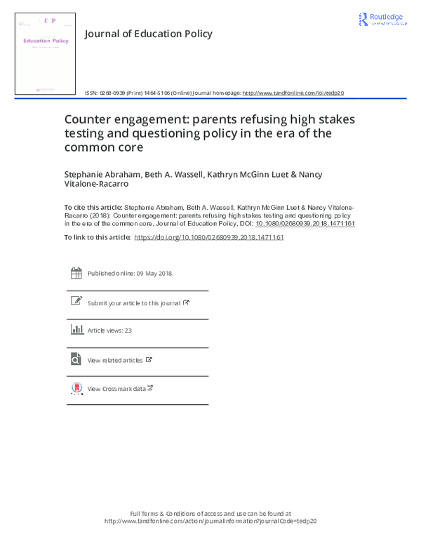 (PDF) Counter engagement: parents refusing high stakes testing and ...