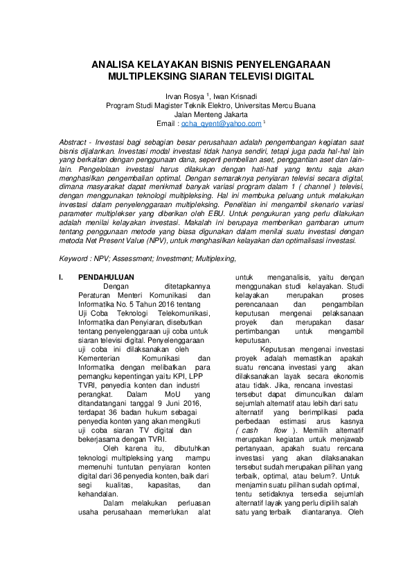 (PDF) ANALISA KELAYAKAN BISNIS PENYELENGARAAN MULTIPLEKSING SIARAN ...