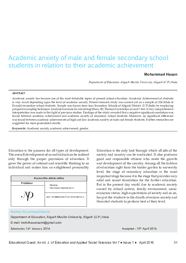 (PDF) Academic anxiety of male and female secondary school students in ...