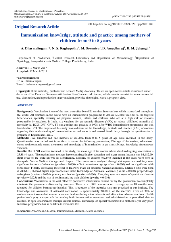 (PDF) Immunization knowledge, attitude and practice among mothers of ...