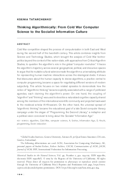 (PDF) Thinking Algorithmically: From Cold War Computer Science to the ...