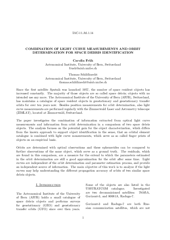 (PDF) COMBINATION OF LIGHT CURVE MEASUREMENTS AND ORBIT DETERMINATION ...