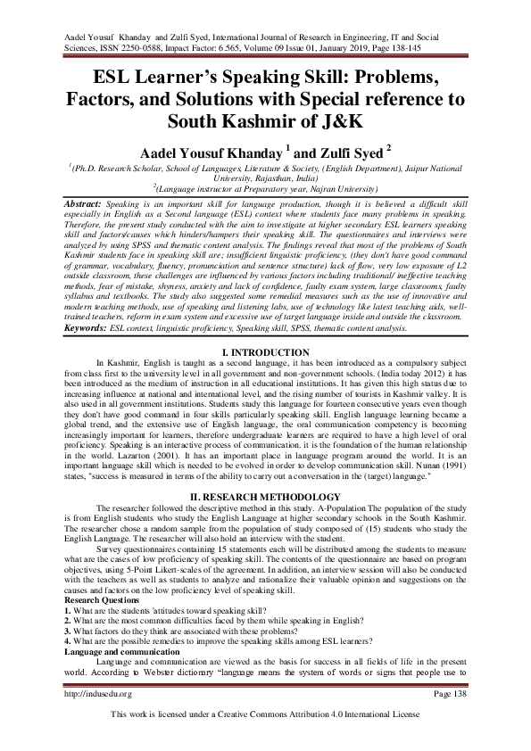 (PDF) ESL Learner's Speaking Skill: Problems, Factors, and Solutions ...