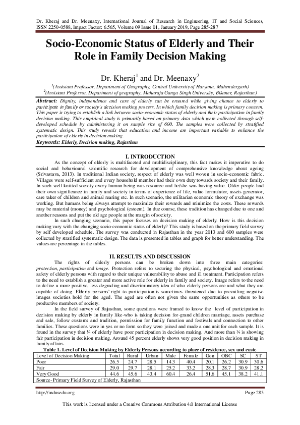 (PDF) SocioEconomic Status of Elderly and Their Role in Family