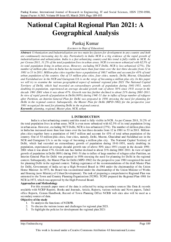 (PDF) National Capital Regional Plan 2021 A Geographical Analysis