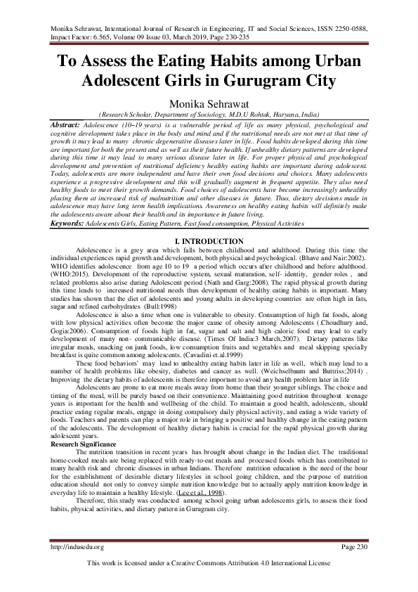 (PDF) To Assess the Eating Habits among Urban Adolescent Girls in ...
