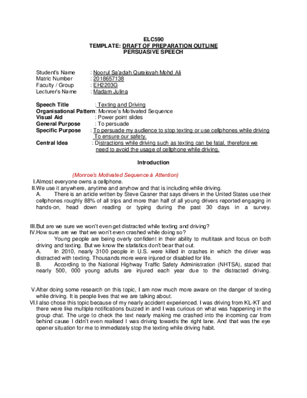 (DOC) ELC590 TEMPLATE: DRAFT OF PREPARATION OUTLINE PERSUASIVE SPEECH