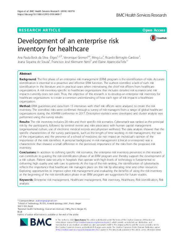 (PDF) Development of an enterprise risk inventory for healthcare