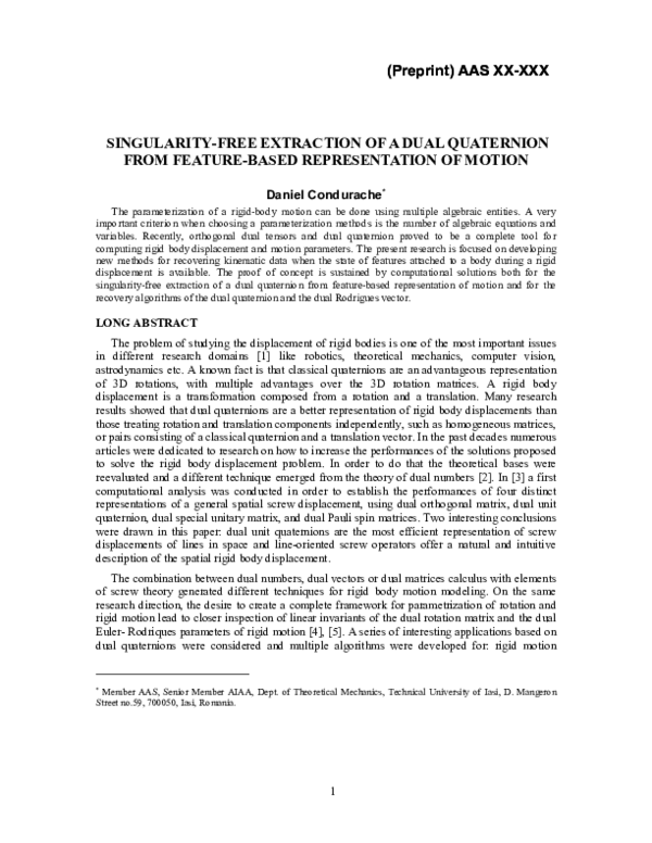 (PDF) SINGULARITY-FREE EXTRACTION OF A DUAL QUATERNION FROM FEATURE ...