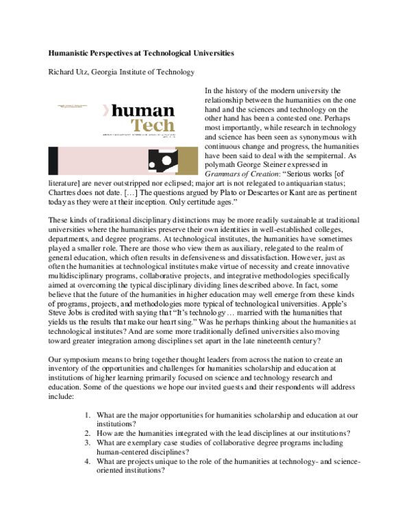 (PDF) Humanistic Perspectives at Technological Universities