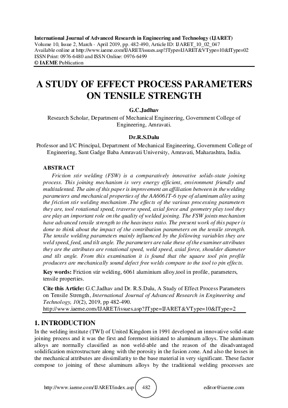 (PDF) A STUDY OF EFFECT PROCESS PARAMETERS ON TENSILE STRENGTH