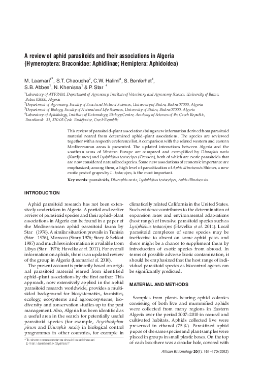 (PDF) A review of aphid parasitoids and their associations in Algeria ...