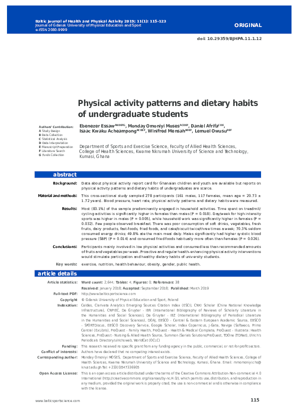 (PDF) Physical activity patterns and dietary habits of undergraduate ...